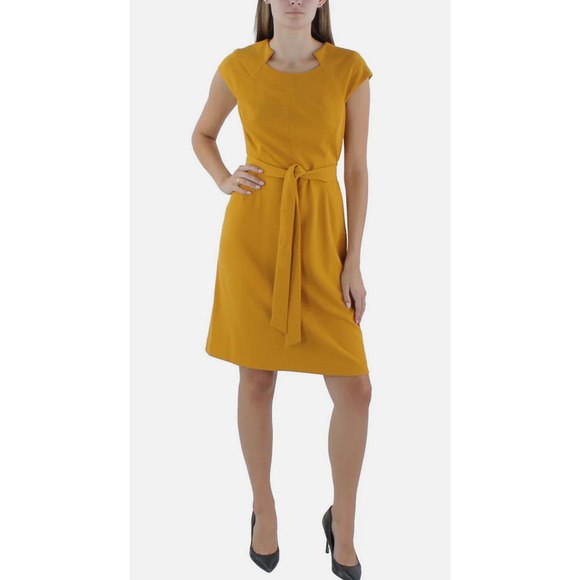 Kasper Women Cap Sleeve Seamed Belted Dress Defect (Pulled thread) Gold Size M - Picture 1 of 1